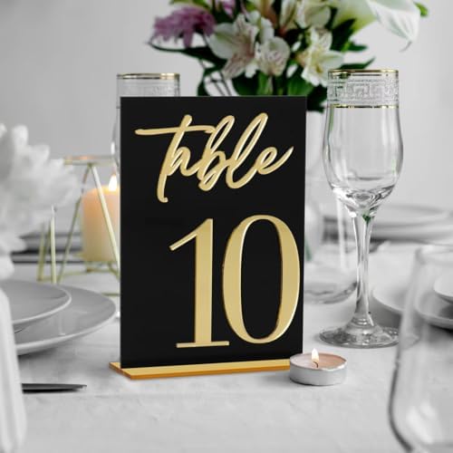 Wedding Table Numbers, Black Acrylic with Gold Text, Freestanding with Base - Image 2