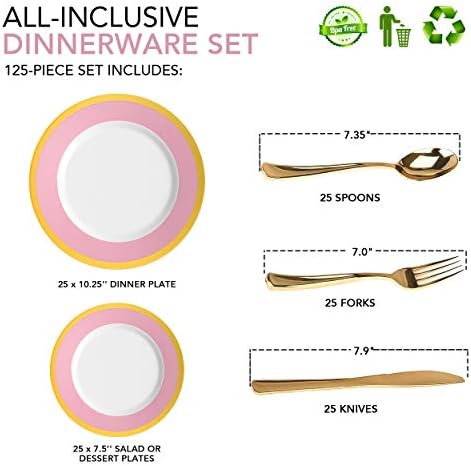 125-Piece White, Pink, and Gold Fancy Plastic Plates Disposable with Silverware, Elegant Dinnerware for Weddings, Holiday Party China, Set of 25 Dinner + Salad Plates, 25 Spoons, 25 Forks, 25 Knives - Image 2