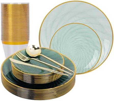 N9R 180PCS Green Plastic Plates Gold Rim, Disposable Party Dinnerware Set by N9RTABLEWARE