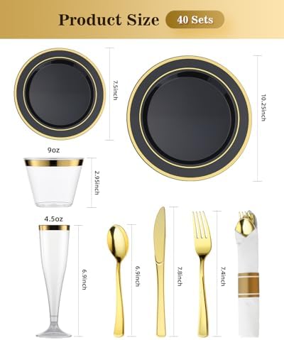 Goodluck 320PCS Black Gold Fancy Disposable Dinnerware Set for 40 Guests - Image 2