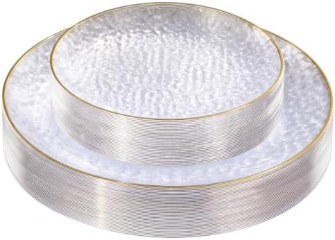 realluck 50Pcs Clear and Gold Rim Hammered Disposable Plastic Plates by Realluck