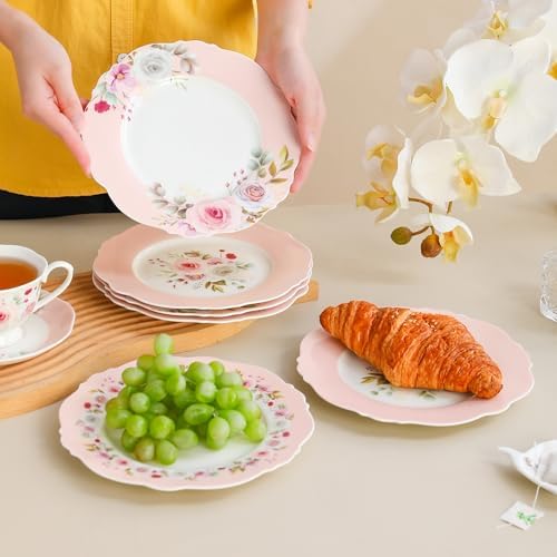 8.25" Floral Porcelain Dessert Plates Set of 6, Pink Rose - Image 5