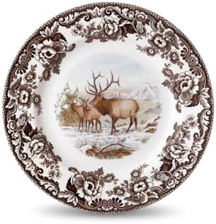 Spode Woodland Elk Salad Plate - American Wildlife Design, British Flowers Border for Rustic Dining, 8 Inch Fine Earthenware - Oven, Microwave, Freezer & Dishwasher Safe, Made in England by Spode