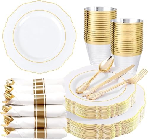 Liacere 175pcs Gold Plastic Plates - White and Gold Disposable, include 50Plates, 25Pack Pre Rolled Napkins with Silverware 25Cups Perfect for Wedding & Party & Holiday & Thanksgiving & Fall Party by Liacere