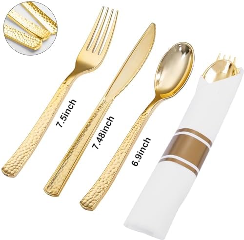 400PCS Gold Wrapped Silverware Set Disposable Hammered for Weddings - Image 2