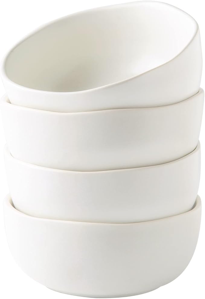 AmorArc Stoneware Cereal Bowls for Kitchen, 28oz Large Ceramic Soup Bowls Set of 4 for Meal, Snacks,Soup, Oven, Microwave&Dishwasher safe Kitchen Bowls with Wavy Rim, Matte White
