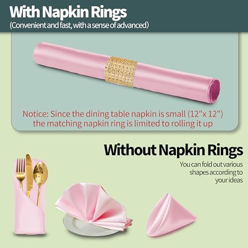 Pink Satin Napkins and Napkin Rings Set, 100 Pack, 12 x 12 Inch - Image 2