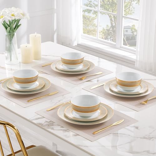 Porcelain Dinnerware Set with Real Gold Trim (Geometric Pattern,Service for 4) - Image 5