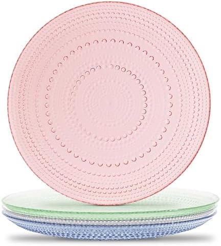 Summer Glass Dinner Plates Set of 4 10.5 Inch Pink Green Blue Clear by Yungala