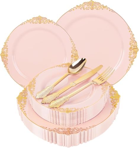 125PCS Pink and Gold Plastic Plates for Weddings Baby Shower Parties by Joyido