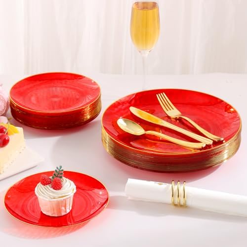 150 Pcs Red Plastic Dinnerware Set, Disposable Plates for 25 Guests - Image 7
