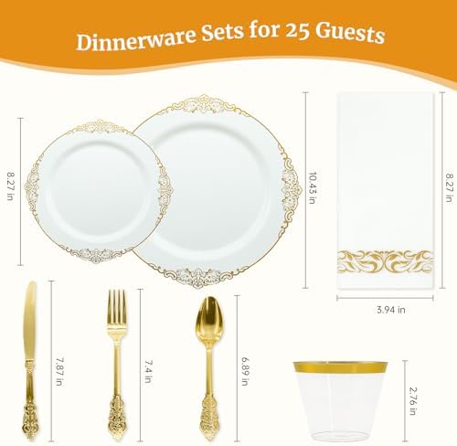 AIRE White Gold Plastic Plates Set, 175PCS Disposable Dinnerware for 25 - Image 2