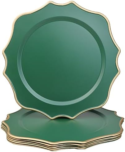 Green Chargers for Dinner Plates, 13 Inch Scalloped Plastic Decorative Table Charger Service Plates Set of 6 for Wedding, Holiday, Thanksgivng, Christmas by Omuriko