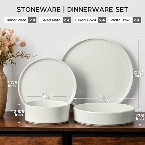 Stoneware Dinnerware Sets for 4 with Pasta Bowl, Onader 16 Piece Plates and Bowls Dish Set, Speckled Kitchen Dishware Dining Ware, Microwave & Dishwasher Safe - Cloud White - Image 2