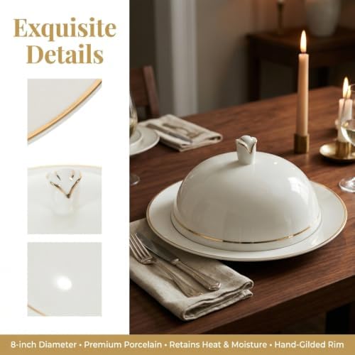 8 Inch White Ceramic Serving Platter with Dome Lid Round Porcelain Dinner Plate for Steak Dessert Appetizer Cloche Food Cover with Gold Rim for Fine Dining Table - Image 4