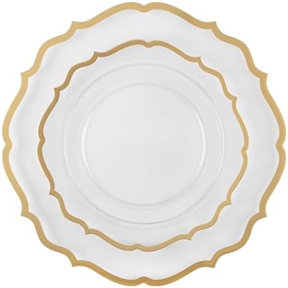 PLASTICPRO 128 Pack Elegant Disposable Plastic Plates Combo Set Bulk Pack Includes 64 Dinner Plates and 64 Salad Plates Heavy Duty Fancy Party Plates Clear with Gold Contemporary Design - Image 7