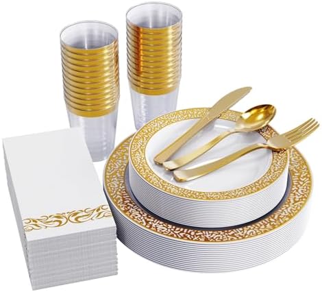 FOCUSLINE 175 Pieces Gold Disposable Dinnerware Set for 25 Guests by FOCUSLINE