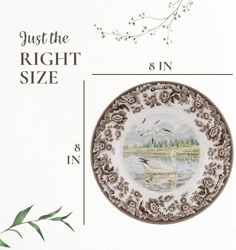 Spode Woodland Snow Goose Salad Plate - 8 Inch Fine Porcelain with British Flowers Border, Microwave, Freezer, Oven & Dishwasher Safe - Rustic American Wildlife Tableware, Made in England - Image 2
