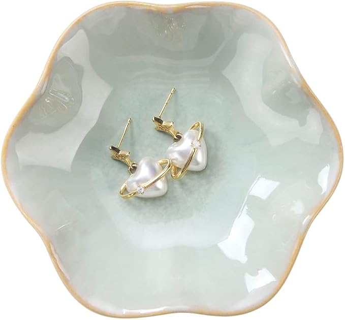 2PCS Ring Holder Dish, Small Key Bowl, Ceramic Trinket Tray Jewelry Dish Organizing Necklace Earrings for Mom Friend Sister, All Jewelries Are NOT Included. Light Green+Crystal Green.…