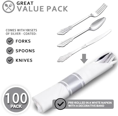 400PCS Pre Rolled Silver Plastic Silverware Sets Fancy for Wedding - Image 3