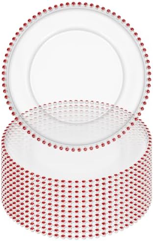 12 Pack Clear Charger Plates Bulk Wedding, 13 Inch Plastic Round Dinner Chargers with Red Beaded Rim, Acrylic Round Decorative Plates for Wedding Party Home and Tabletop Decor (Red) by Tomeurperf
