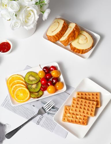 AISBUGUR Rectangular Salad Plates, 8 Inch Porcelain Dessert Plates Set, Serving Trays for Salad, Appetizers, Fruit, Sushi, Appetizer Plates - Dishwasher and Oven Safe, Set of 6, White - Image 2