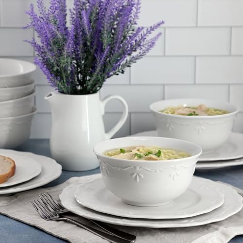Elama Henryi 18 Piece Embossed Rim Detail Porcelain White Dinnerware Set, Tableware Set, Serveware (18 Piece) - Image 7