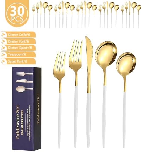 Kawlity Stainless Steel Serving Flatware Durable White & Gold Polished Knives Spoon Forks 30 Pcs Utensil Dinner Tableware, for Kitchen Dishwasher Adults and Children Ideal Gift - Image 7