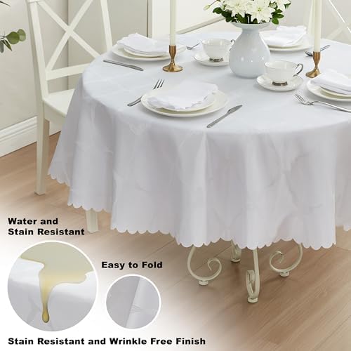 Newbridge Holiday Ribbons Bows White 70" Round Tablecloth | Thanksgiving Christmas Jacquard Damask Table Cover, Water Stain Wrinkle Resistant, Winter Formal Dinner Party Dining Décor - Image 3