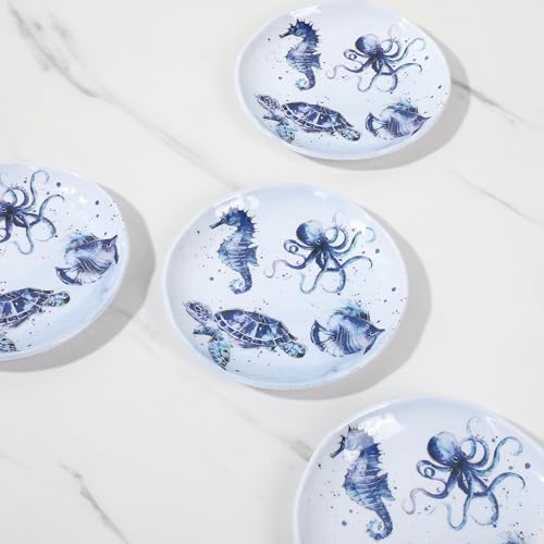 UP Indigo Sea Life Melamine Round Dessert Plates, Small Serving Plates, for Appetizer, Snacks, and Side Dishes, Blue, 6 Inch, Set of 4 - Image 4