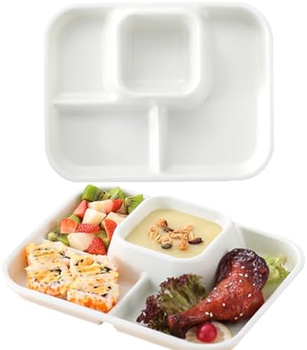 Unbreakable Rectangular Divided Plates for Adults 4 Sections Portion Control Plates Set of 2 White Plastic Dinner Plate for Camping Outdoor or Every Day Use by AIYoo