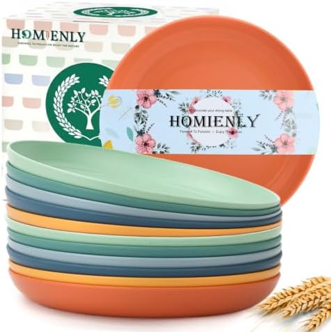 Homienly 12 PCS Unbreakable Wheat Straw Plates 9 Inch Reusable Plastic Plates for Kitchen Lightweight Camping Plates for Dessert, Bread & Butter Microwave & Dishwasher Safe Plates (Vibrant Colors) by HOMIENLY