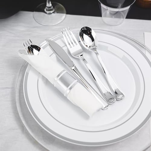 N9R 350PCS White Silver Plastic Plates, Disposable Dinnerware Set for Party - Image 3