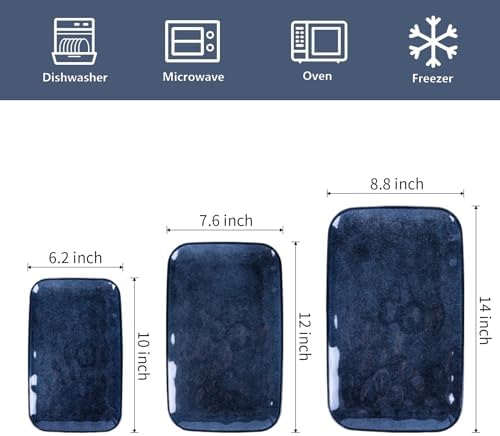 vicrays Ceramic Rectangle Serving Platters - 14" 12" 10" Porcelain Serving Trays Plates for Party BBQ Appetizers Sushi Dessert - Microwave Oven and Dishwasher Safe - Set of 3 Blue - Image 4