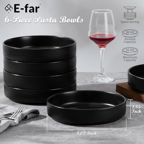 E-far Pasta Bowls Set of 6, 35oz Large Salad Bowl Plate for Dinner Serving Soup, Wide & Shallow Ceramic Stoneware Pasta Plates, Microwave & Dishwasher Safe, Reactive Glaze Texture-Stripe, Matte Black - Image 2