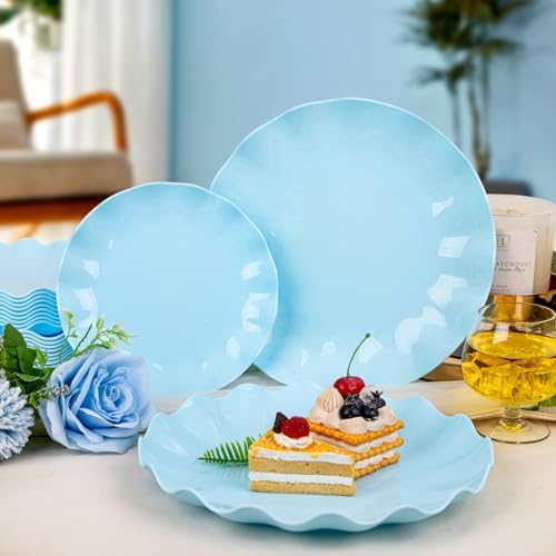 LIYH 24Pcs Light Blue Scalloped Plastic Plates Reusable For Party Events - Image 5