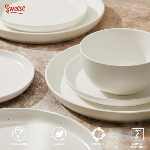 Sweese Dinnerware Sets Service for 4, 12 pcs Matte Speckled Glaze Plates and Bowls Sets, Handmade Ceramic Dish Set, Highly Chip and Crack Resistant Modern Plate Set, White - Image 3
