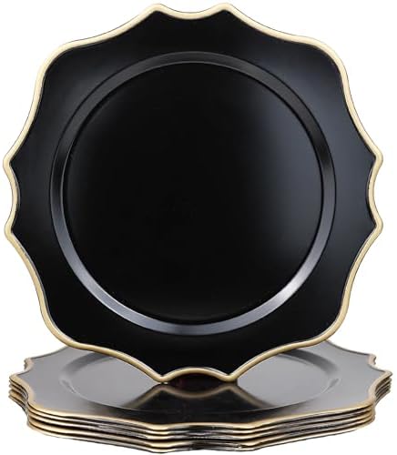 Black Chargers for Dinner Plates, 13 Inch Scalloped Plastic Decorative Table Charge Service Plates Set of 6 for Wedding, Holiday, Thanksgivng, Christmas by Omuriko