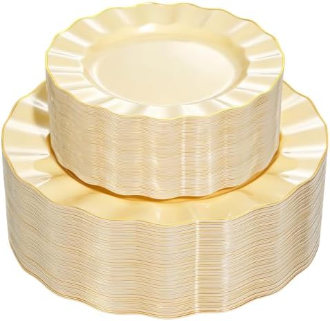 120PCS Yellow Plastic Plates, Wavy Plates with Gold Rim by QualQuot