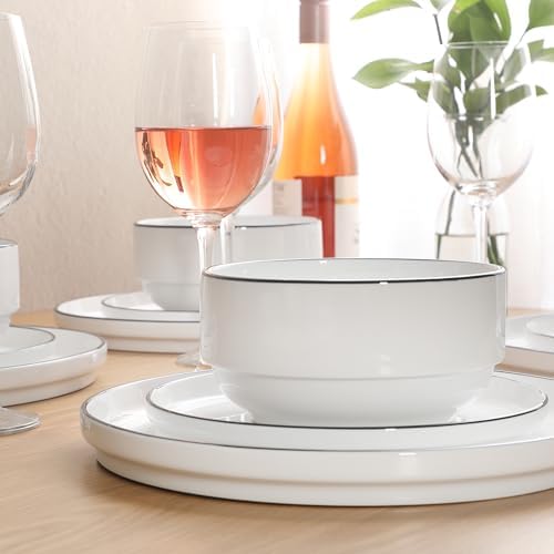 Gibson Home Rothernberg Plates and Bowls 18 Piece Porcelain White Dinnerware Set W/Black Rim | Stackable Dishes | Microwave & Dishwasher Safe - Image 4