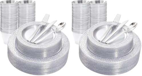 Ciaell 150PCS Clear Silver Plastic Plates - Silver Disposable Plates include 25Dinner Plate, 25Dessert Plate, 25Forks, 25Knives, 25Spoons, 25Cups for Weddings & Parties (Pack of 2) by Ciaell