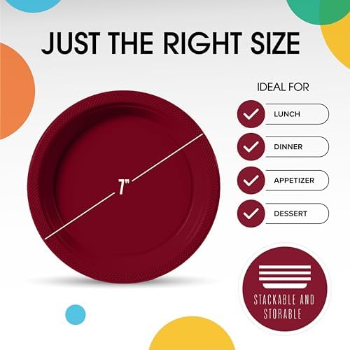 Exquisite Party Solids Sturdy Burgundy Plastic Plates 7" Cake Plates 50 Pcs - Image 3