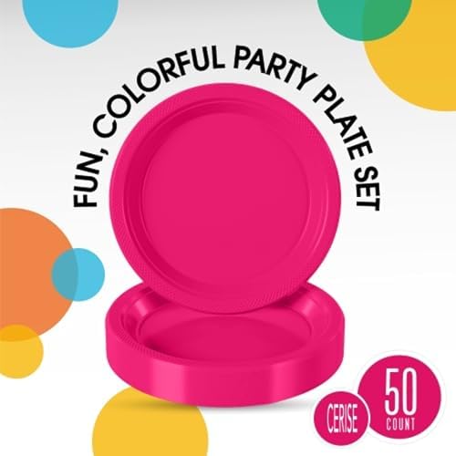 Party Solids Sturdy Hot Pink Plastic Plates 9" Party Plates 50 Pcs - Image 2