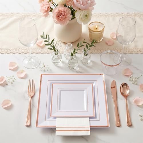 Festiva 350Pcs Rose Gold Plates and Napkins Party Supplies-Square White and Rose Gold Disposable Dinnerware include Plates Cups Cutlery Napkins for 50 Guests Wedding &Mother's Day&Birthday Party - Image 6