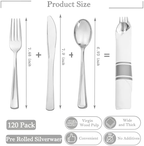 Supernal 30 Pack Pre Rolled Silver Plastic Silverware, Linen Napkin Set - Image 2