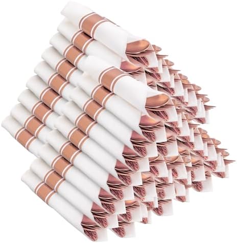 400PCS Pre Rolled Rose Gold Plastic Silverware Heavy Duty for Party by Joyido