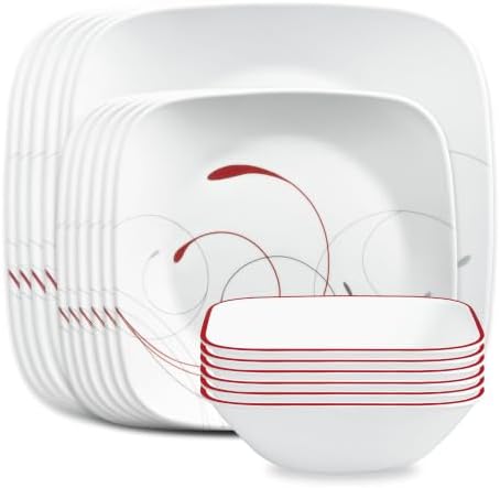 Corelle Vitrelle 18-Piece Service for 6 Dinnerware Set Triple Layer Glass and Chip Resistant, Lightweight Square Plates and Bowls Set, Splendor by Corelle