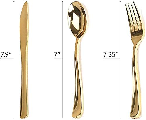 125-Piece White and Gold Fancy Plastic Plates Disposable with Silverware, Elegant Dinnerware for Weddings, Holiday Party China, Set of 25 Dinner + Salad Plates, 25 Spoons, 25 Forks, 25 Knives - Image 6