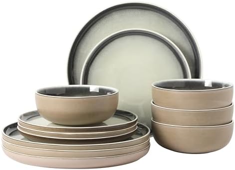 Gibson Elite Island Bay 12-Piece New Bone China Dinnerware Set Service for 4, Reactive Glaze Plates and Bowls, Dishwasher and Microwave Safe, Black and Cream by GibsonHomewares