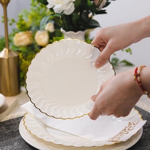 Lullaby 140PCS Ivory Scalloped Plastic Plates Set for Party (20 Guests) - Image 5